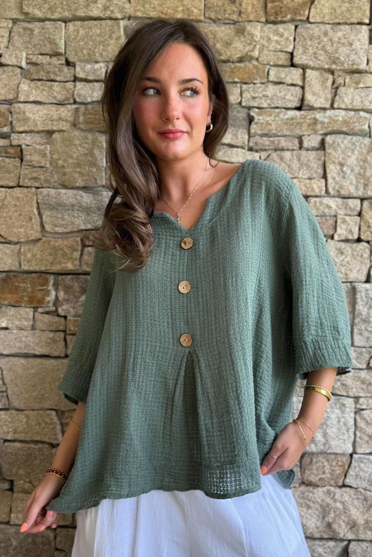 Andi Basket Linen Blend Top Khaki